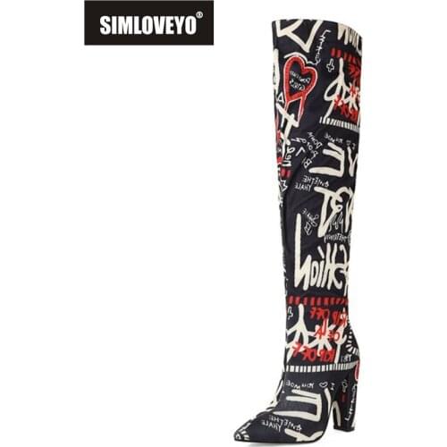 SIMLOVEYO 2021 Over The Knee Boots Sexy Party Slip On Pointed Toe Ethnic Block Heel Short Plush Camouflage Purple Orange A4495