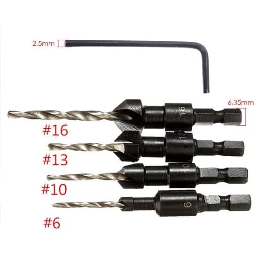 4Pcs HSS Steel Countersink Pilot Hole Drill Bits Set Screw Woodworking Chamfer Tools #6 #10 #13 #16 with 2.5mm Hex Shank Wrench