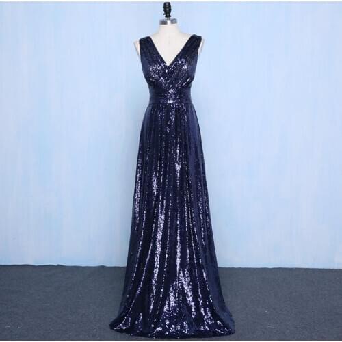 Navy Blue V Neck Wedding Party Sequin Bridesmaid Dresses 2021 Custom SIze Color