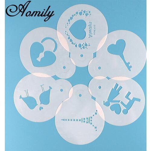 Aomily 6pcs/Set Love Key Lock DIY Cake Stencils Airbrush Painting Art Molds Fondant Decorating Tools Coffee Espresso Stencils