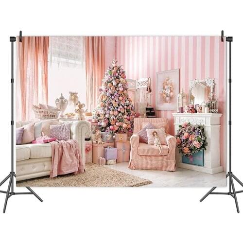 Happy Christmas Girl Pink Cabin Backdrop Family Festival Party Room Decorative Child Photography Photo Background Vinyl Banner