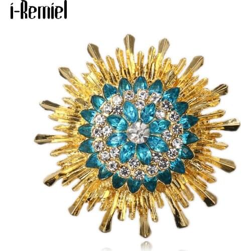 Vintage Korean Sunflower Jewelry Brooch Pin Blue Crystal Rhinestone Gold Metal Flower Dress Pins Brooches for Women Scarf Buckle