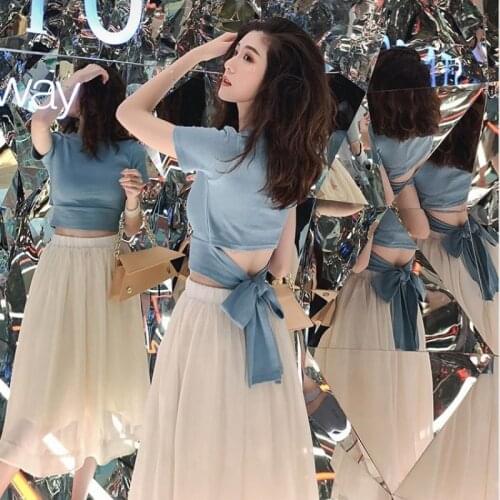 Summer Girls Slim Tight Waist A-Line Midi Skirt Two-Piece Sets Sexy Bandage Bowknot Chic Sweet Blue Beige Short Sleeve Crop Top