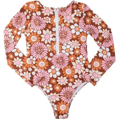 A5KC Womens One-Piece Long Sleeve Surfing Rash Guard Zip Front Floral Swimsuit Monokini High Cut Push Up Wetsuit Beachwear