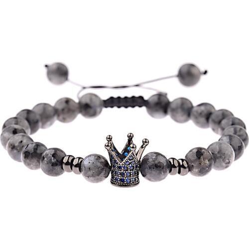 Charm Blue Zirconia Crown Charm Bracelet Women Men Gray Labradorite Bead Bangles Gift Fashion Jewelry