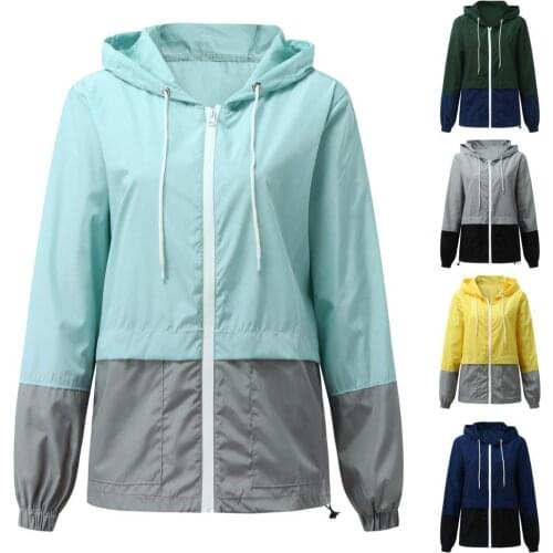 2021 Hooded Jacket Solid Color Drawstring Women Long Sleeve Waterproof Outdoor Zipper Pockets Womens Raincoat for Hiking