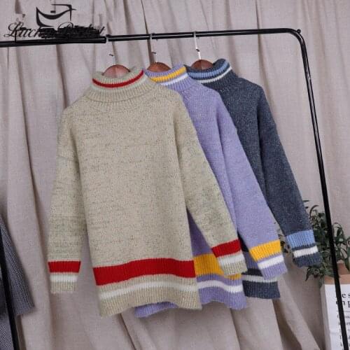 Women Spiring Fashion Turtleneck knitting Sweater Ladies Casual Striped Mid-Length Long Sleeve Thick Warm Pullover QL392