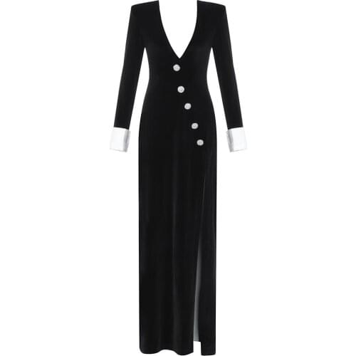 Long Dress V Neck Sexy Long Sleeve Fashion Black Maxi Dresses Elegant Party Club Elegant Ladies Autumn Dresses