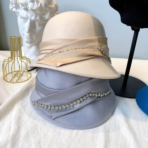 202009-39167 winter wool Gorgeous black rhinestone ribbon formal dinner leisure lady bucket cap women fishermen hat