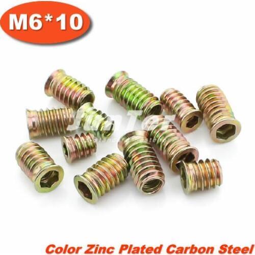 50pcs/lot M6*10 Furniture Hex Drive Head Nut Threaded Color Zinc Plated Carbon Steel For Wood Insert