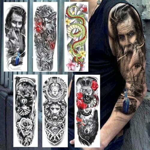 Black Maori Pirate Temporary Tattoos Sticker Realisitc Fake Wolf Eyes Tiger For Men Boys Full Arm Body Art Sleeve Tattoos Paste