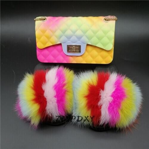 Girls Plus Fox Fur Slides Childrens Candy Crossbody Coin Purse Kids Fluffy Furry Slippers Jelly Shoulder Bag Shoes Sets EU25-38