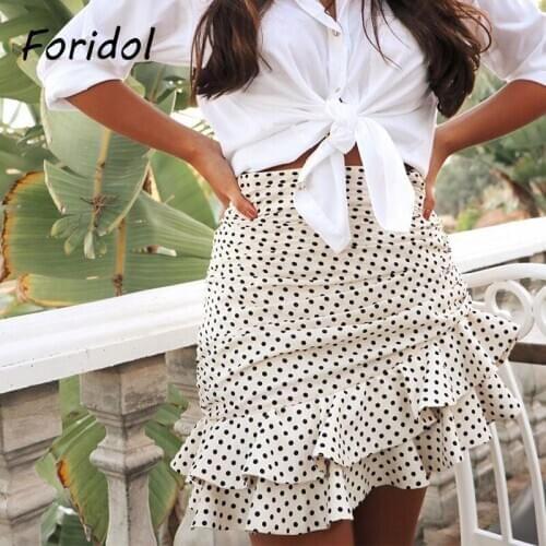 Foridol Polka Dot Ruched Mini Skirt Women White Ruffle Vintage Bodycon Chic Skirt 2020 High Waist Holiday Skirt Faldas