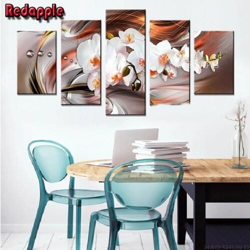 Full Square/Round Drill 5D DIY diamond painting"5 Panels White Orchid Floral"Diamond Embroidery art craft,new Living Room decor