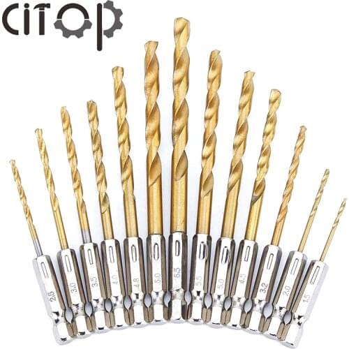 Citop 13Pcs1.5-6.5mm Countersink Electric Tools HSS Hex Shank Quick Change Titanium Cobalt Drill Bits Sets Tool Multi Bits