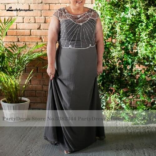 Lakshmigown Grey Crystal Beads Long Mother of The Bride Dresses for Weddings 2020 Vestidos Largos Plus Size Evening Party Gowns