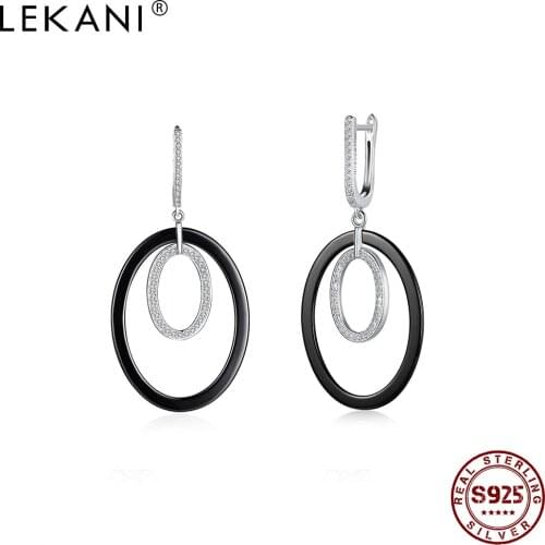LEKANI Women Earrings 925 Sterling Silver Oval Clear Cubic Zirconia & Ceramics Drop Earring Female Anniversary Gift Trendy