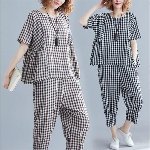 Summer Casual Plaid Tracksuit Ensemble Femme Pieces Womens 2Piece Set Top + Pants Female Plus size Two Piece Outfits Tracksuits