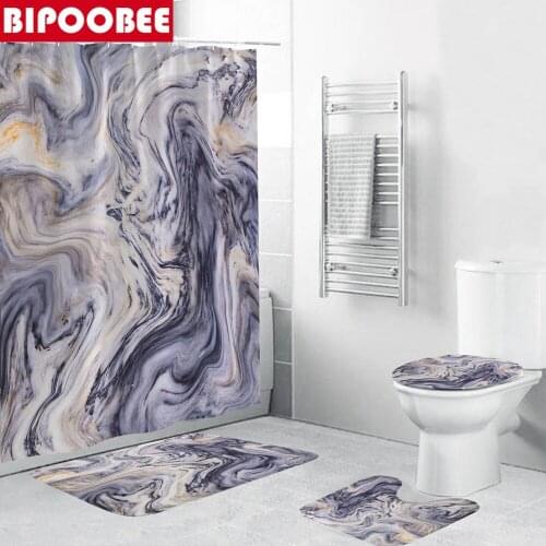3d Marble Shower Curtains with Hooks Stone Grain Bathroom Curtain Set Bath Mat Cover Toilet Lid Pad Pedestal Rugs for Home Decor