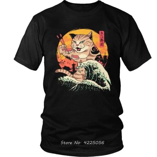 New T Shirt Men Cotton Neko Sushi Wave T-Shirts Short Sleeves Tshirt Japan Retrowave Feline Cat Graphic Tees Summer