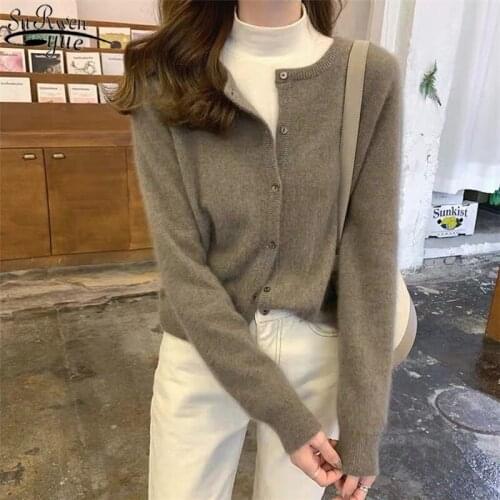Autumn 2021 New O-neck Short Knitted Cardigan Thickened Womens Cardigan Long Sleeve Single-breasted Loose Sweater Coat 10949