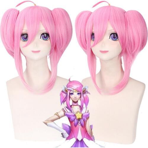LOL Star Guardian Lux Wigs Luxanna Crownguard Wigs The Lady Of Luminosity Pink Double Ponytails Cosplay Wig + Wig Cap