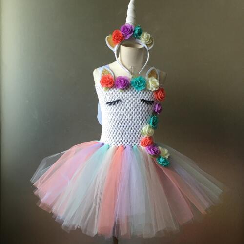 Flower Girls Pastel Rainbow Unicorn Tutu Dress Baby Crochet Tulle Dresses with Hairbow Kids Party Cartoon Cosplay Costume Dress