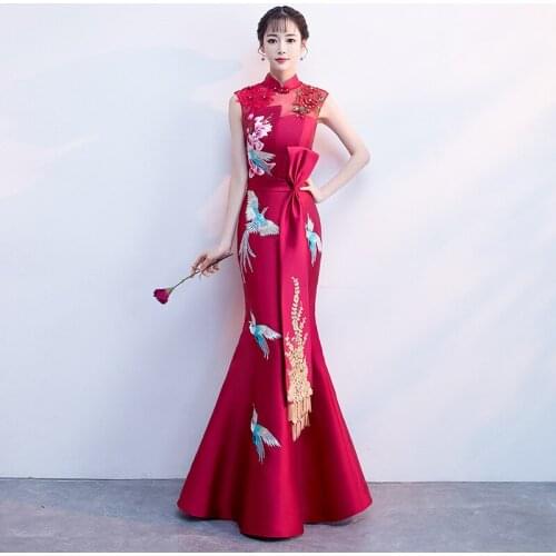 Sexy Slim improved cheongsam phoenix Appliques Embroidery Mermaid Dress Chinese evening dress Vestidos Size S-XXL