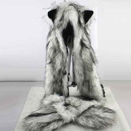 Women Fashion Wolf Ears Paws Faux Fur 3 in 1 womens Hat Scarf Mittens Winter Warm Cap Wolf Hat