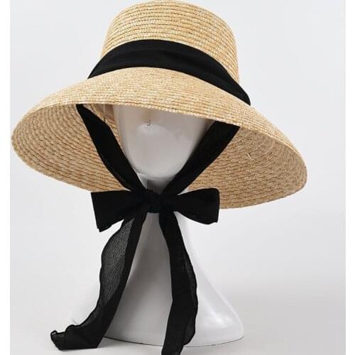 New Popular Hepburn Style Summer Big Floppy Straw Hats For Women Black White Ribbon Lace Tie Wide Brim Sun Hat Beach Cap Chape