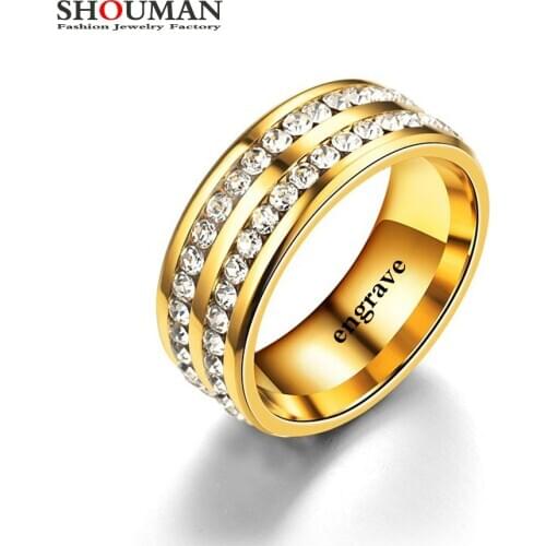 SHOUMAN Gold 2 Row Crystal Luxury Rings for Women Wedding Band Custom Engrave Name Charm Jewery