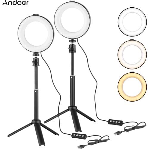 Andoer 6 Inch LED Ring Light 1/2pcs 3200-6500K Dimmable USB Powered+Desktop Tripod+Flexible Metal Ballhead for Live Streaming