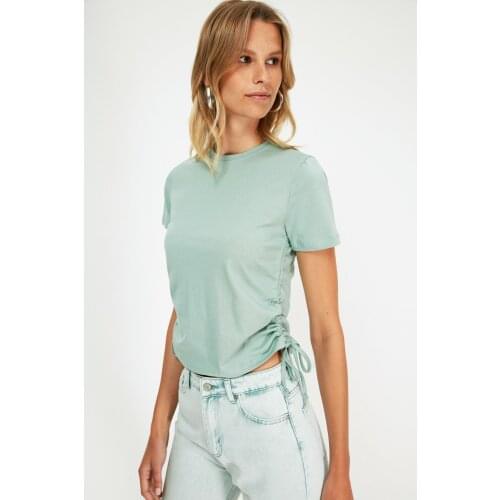 TRENDYOLMİLLA Mint Shirred Basic Knitted T-Shirt