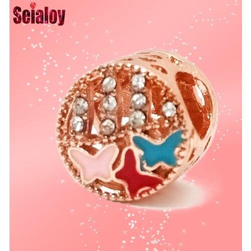 Seialoy Rose Gold Butterfly Garden Beaded Charm Fit Brands Bracelet & Necklace Jewelry 2020 New Round Accessories Beads