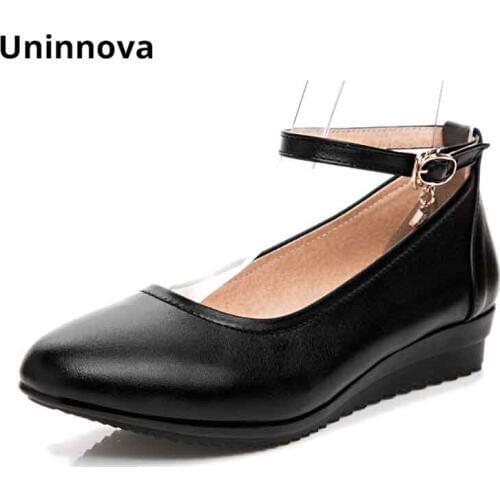 Wedges Womens Ankle Wrap Genuine Leather Office Career Med High Heels Pumps Working Shoes Small Round Toe WP010