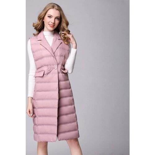 Women 2021 Autumn Winter Ultra Light White Duck Down Coat Female Long Vests Sleeveless Turn-down Collar Jacket Warm Suit Vest