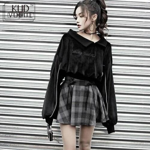 Women Sets Gothic Letter Embroidery Velvet Sweatshirt High Waist Bandage Gray Plaid Mini Skirt Girls Female Set Outwear 8446