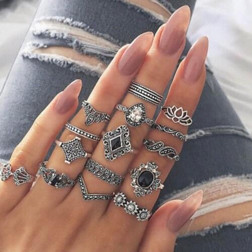 15 Pcs/set Bohemian Retro Crystal Flower Leaves Hollow Lotus Gem Ring Set Women Wedding Anniversary Gift