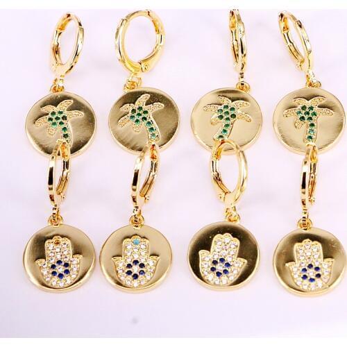 6Pairs, Micro Pave CZ Round shaped Gold Color Multi Colorful Crystal Rainbow Female Dangle Earrings Zirconia Jewelry