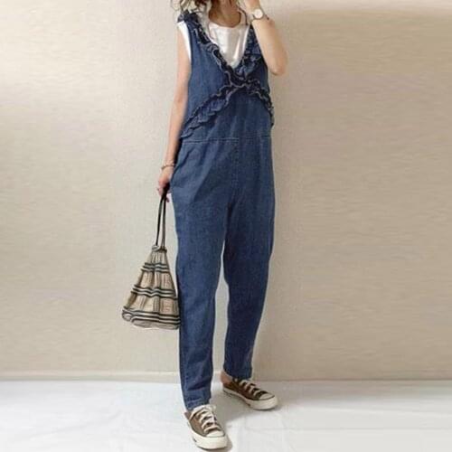Falbala Denim Jumpsuit Women 2020 Srping Summer Korean Fashion Sleeveless Causal Long Plain Blue Jeans Rompers Playsuits
