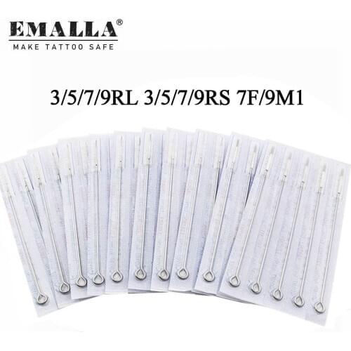 EMALLA 50PCS Tattoo Needles Mixed 10 Sizes 3RL 5RL 7RL 9RL 3RS 5RS 7RS 9RS 7F 9M1 Disposable Needles Tattoo Tips Tattoo Machine