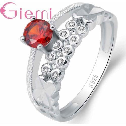 Exquisite Round Red Crystal Ring Lace Wedding Ceremony Party Jewelry 925 Sterling Silver Cubic Zirconia for Women