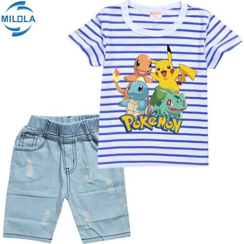 Pokemon Go Anime Boys Clothes Set Summer Kids T shirt + Pants Cartoon Pikachu Casual Sport Suits Children Clothes Set Outfits