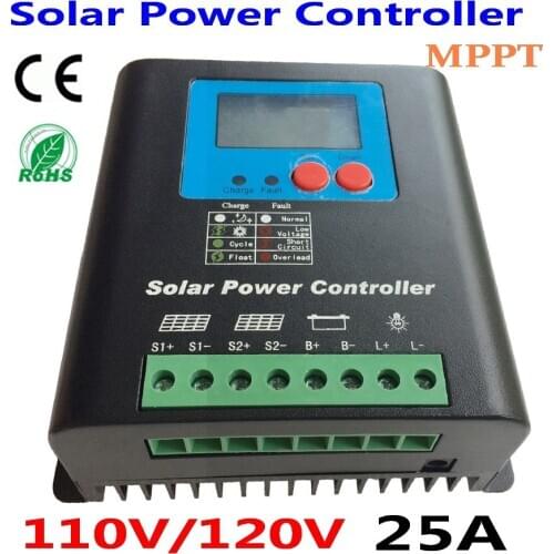 25A 110V 120V MPPT Solar Charge Controller,110V or 120V Battery Regulator 25A for 3000W PV Solar Panels Modules, LED&LCD Display