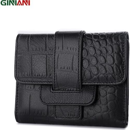 GINIANI Genuine Leather Ladies Allogator Embossed Basic Short Plug-in Wallet Black Gray Must Buy Classic Simple 3 Fold Purse