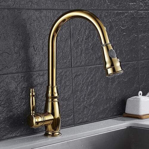 Kitchen Faucets Brass Chrome Polished Golden Basin Faucet Pull Out Single Handle Sink Mixer Tap Hot Cold 360 Degree Deck Mounted