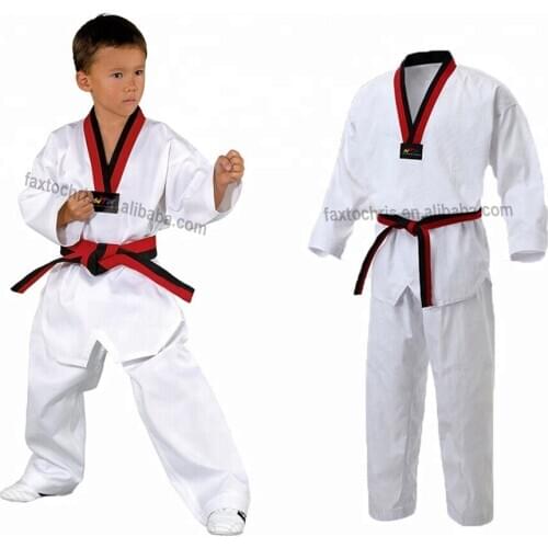 Hot Sale WTF Taekwondo Basic Uniform Dobok Taekwondo Clothes Child Adult Training Service Uniform Red Black V-Neck Uniforms