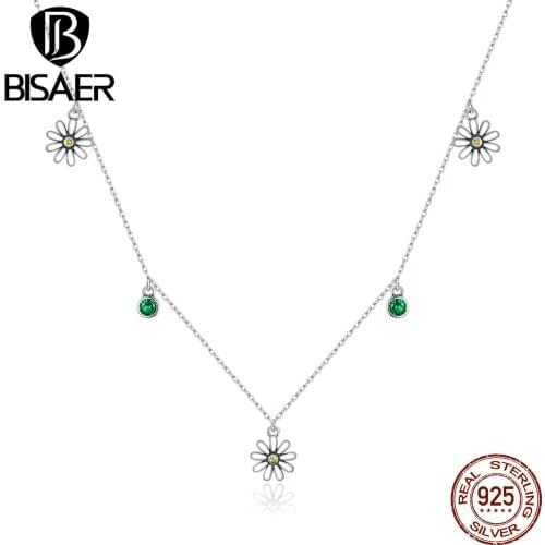 BISAER Hot Sale 925 Sterling Silver Little Daisy Necklaces Pendants for Women Brilliant Zircon Sterling Silver Jewelry ECN415