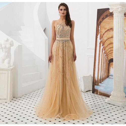 Fashion Women Evening Dress Beads Scoop Neckline A Line Crystal Tulle Evening Gown Gold Long Dresses 2019