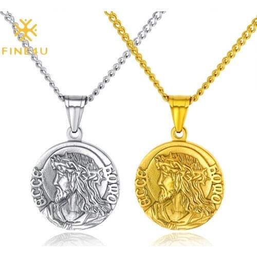FINE4U N827 Jesus and Virgin Mary Bible Verse Necklace for Mens English Prayer Medal Pendant Necklace Christian Jewelry